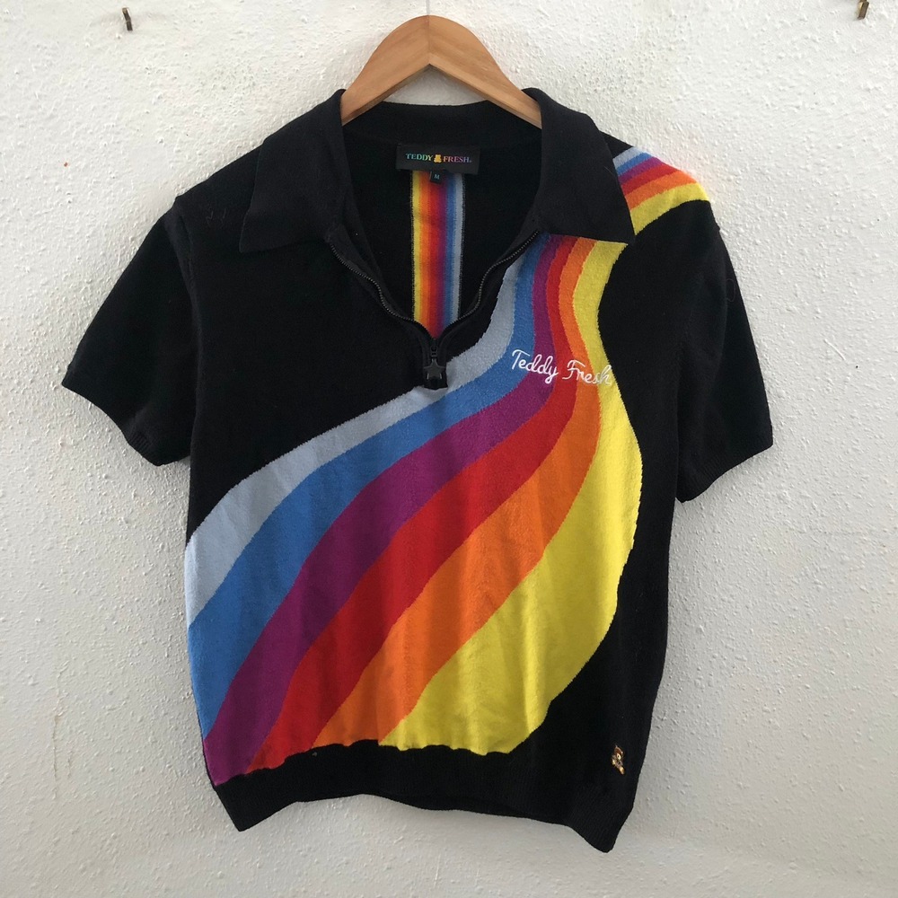 TEDDY FRESH Rainbow Wave Half Zip Knit Top Size Medium